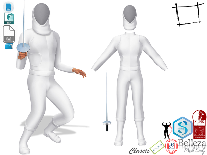 Dae Obj FBX Male Fencing Suit and Helmet Sword Slink Male, Belleza Jake, Signature Gianni, Ocacin Gamit