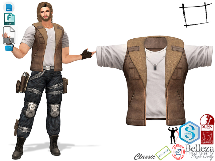 Dae Obj FBX Fur Inline Brown Leather Vest With Cool White TShirt With Army Tag Necklace Slink Male