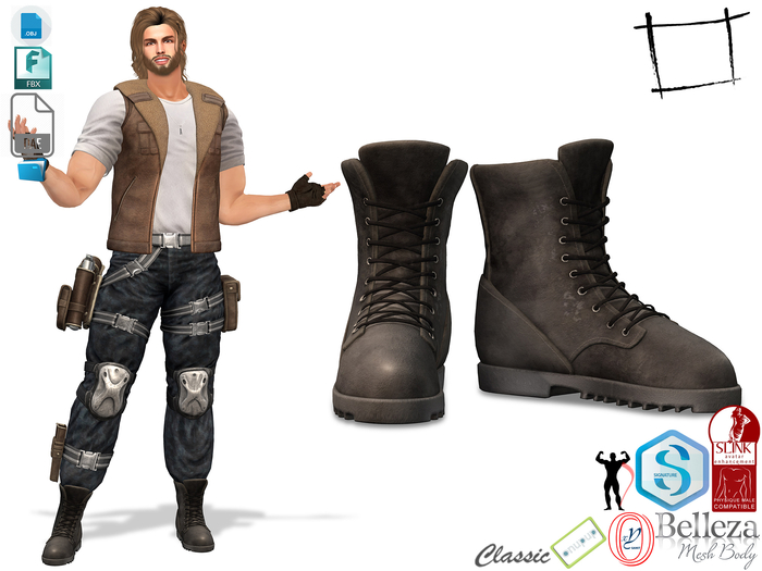 Dae Obj FBX Full Brown Leather Combat Boots Slink Male, Belleza Jake, Signature Gianni