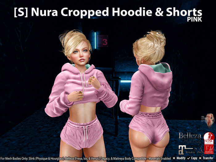 [S] Nura Cropped Hoodie & Shorts Pink