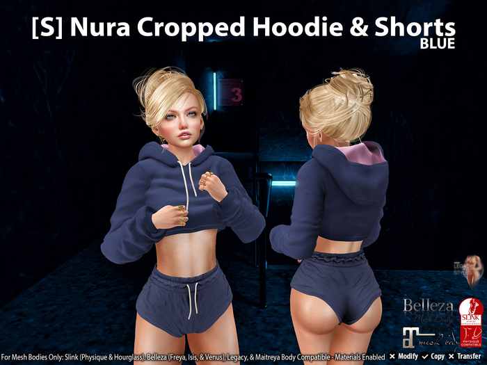 [S] Nura Cropped Hoodie & Shorts Blue