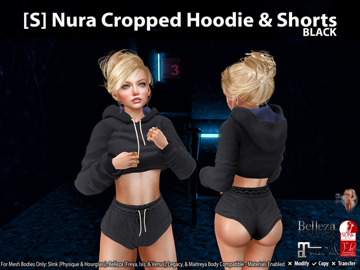 [S] Nura Cropped Hoodie & Shorts Black