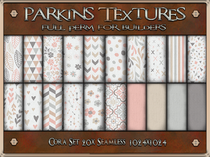 Parkins Textures - Cora Set - 20x Full Perm Seamless 1024 - Fabric, Clothing, Cloth, Floral, Heart, Arrow, Pastel, Peach