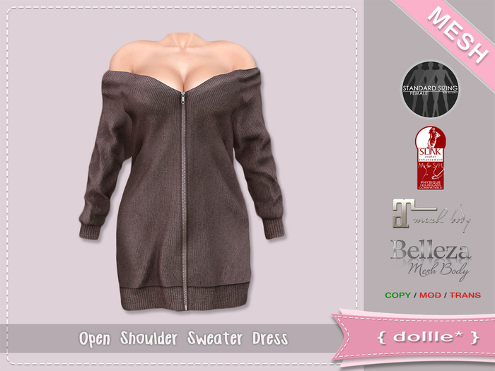 {dollle*} 097 Open Shoulder Sweater Dress - Brown