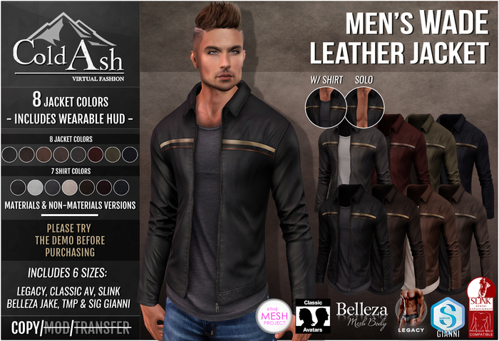 {COLD-ASH} Mens MESH WADE Leather Jacket FATPACK