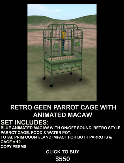 Curated visual reference: Gallery Detail: Second Life Marketplace Retro Green Style Parrot Cage Animated Macaw