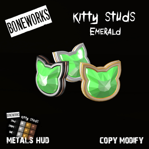 !Boneworks! > Kitty Studs - Emerald (boxed)