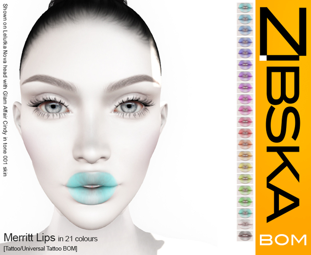Zibska BOM Pack ~ Merritt Lips in 21 colors with tattoo and universal tattoo BOM layers