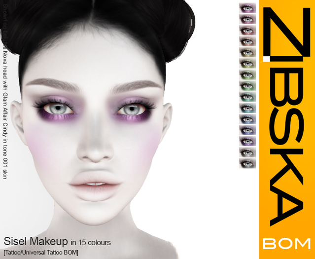Zibska BOM Pack ~ Sisel Eyemakeup in 15 colors with tattoo and universal tattoo BOM layers