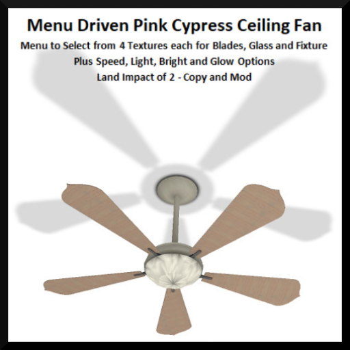 Menu Driven Pink Cypress Ceiling Fan - Boxed