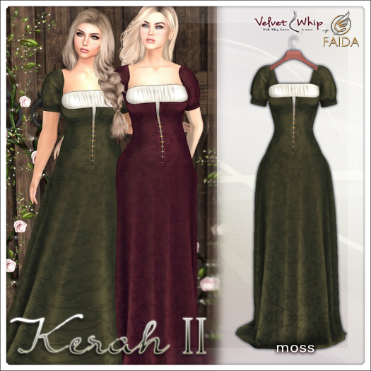 Faida + [V/W] Kerah II Moss - Exclusive Medieval Fantasy / Vintage commoner dress for Maitreya, Legacy. Mesh Gown