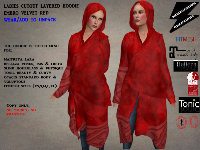Ladies Asymmetric Cutout Layered Hoodie EmbRo Velvet RED 200614