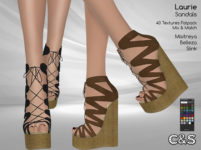 C&S Laurie Sandals for Maitreya Lara, Slink High, Belleza. 40 Textures HUD. Mix & Match.
