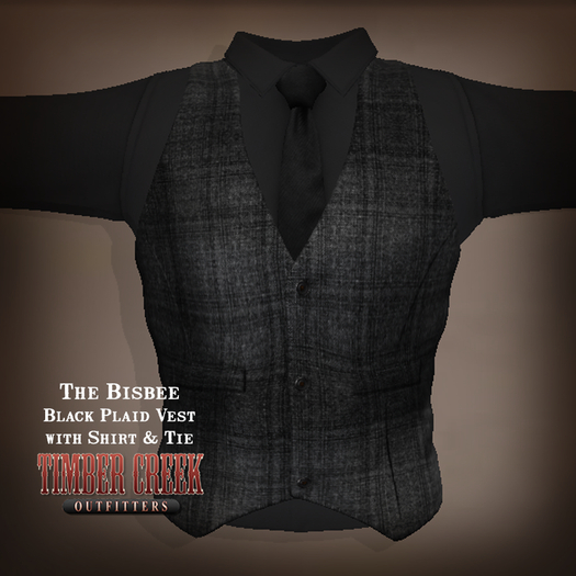 [Timber Creek] Bisbee Men's Shirt, Tie & Vest-Black Plaid-Boxed