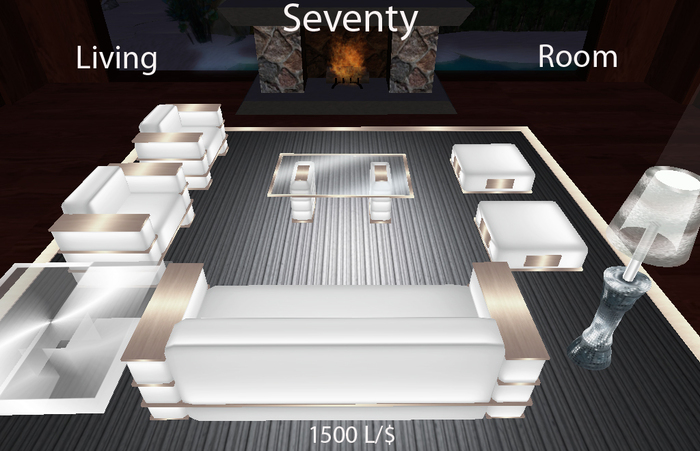 Seventy Living Room White 9 Objects:1 Anim Couch,2 Anim Armchairs,2 Anim Pouf,2 Tables,Rug,Lamp  