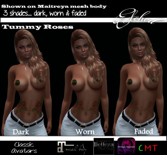 Etched Tummy Roses Tattoo With Appliers