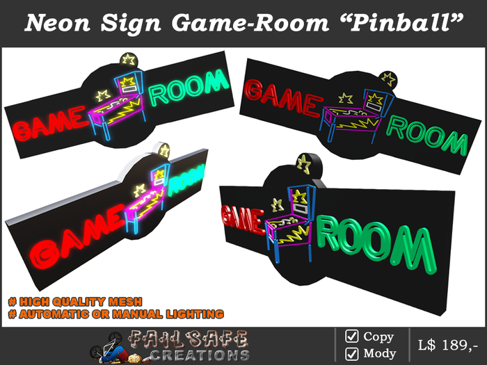 Neon Sign Game-Room 'Pinball' - (mesh)
