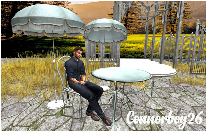 ANC ESCAPE TIFFANY GRAY SET RUINS TABLE PARASOLS AND CHAIRS