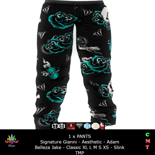 MERC - PANTS  - Skull Roses TEAL - Most Fits Mens