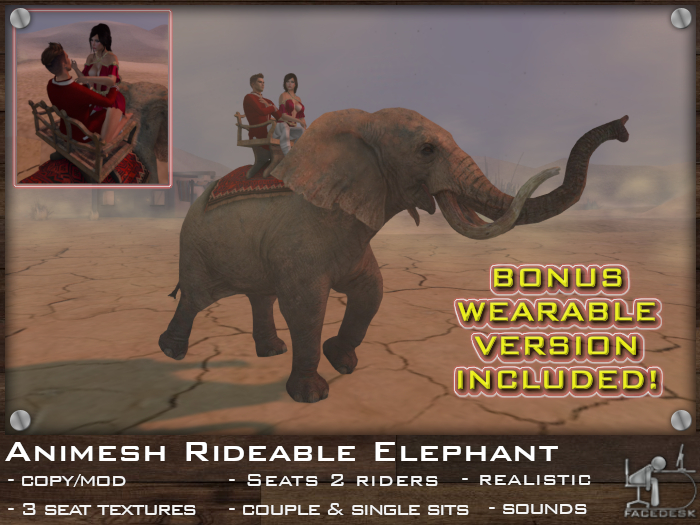 FaceDesk - Rideable Animesh Elephant 2 riders! Wearable bonus!