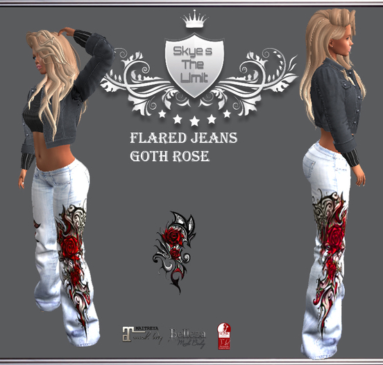 :STLF: FLARED JEAN GOTH ROSES  W/O HEELS