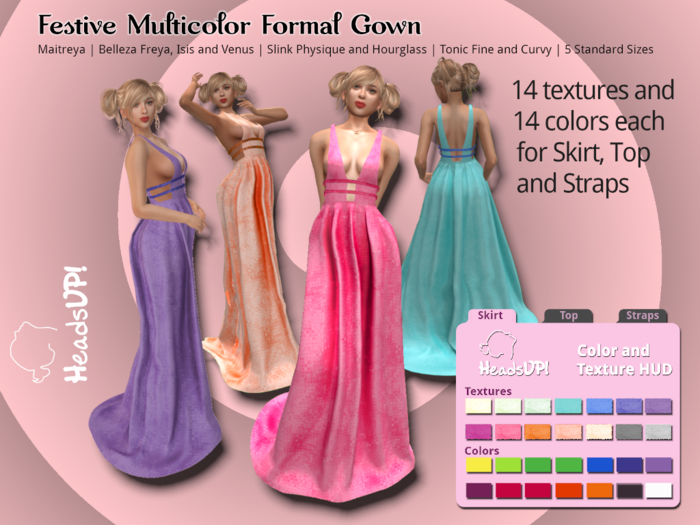 Festive Multicolor Formal Gown. Belleza, Maitreya, Slink, Tonic, Classic