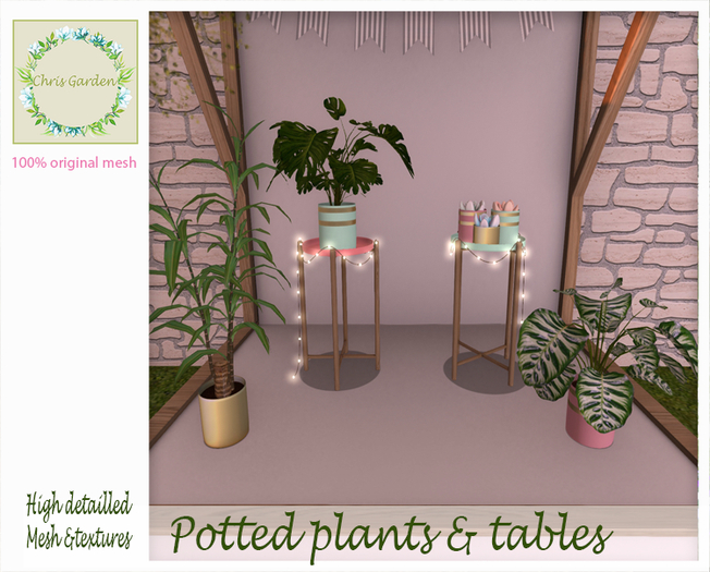 Potted plants and tables (mint/pink/gold)