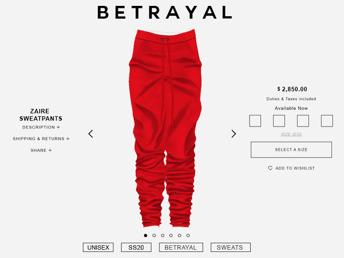 BETRAYAL. Zaire Pants RED UNISEX Jake, Maitreya, Hourglass, Gianni, Freya, Legacy M+F