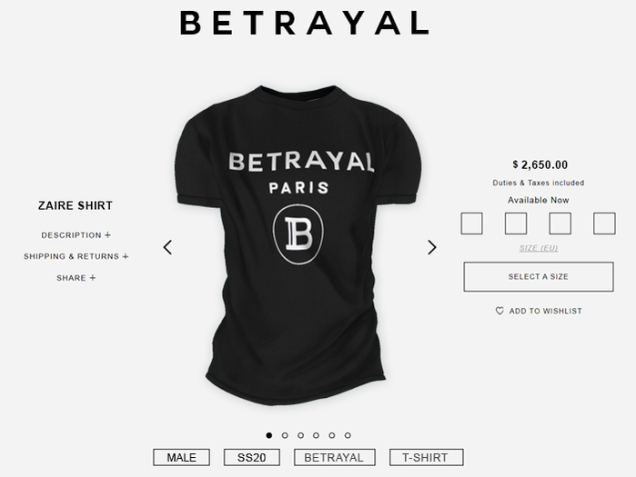 BETRAYAL. Zaire Shirt PARIS