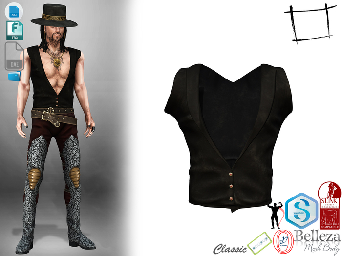 Dae Obj FBX Men's Black Deep Open Front Sleeveless Vest Top Slink Male, Belleza Jake, Signature Gianni