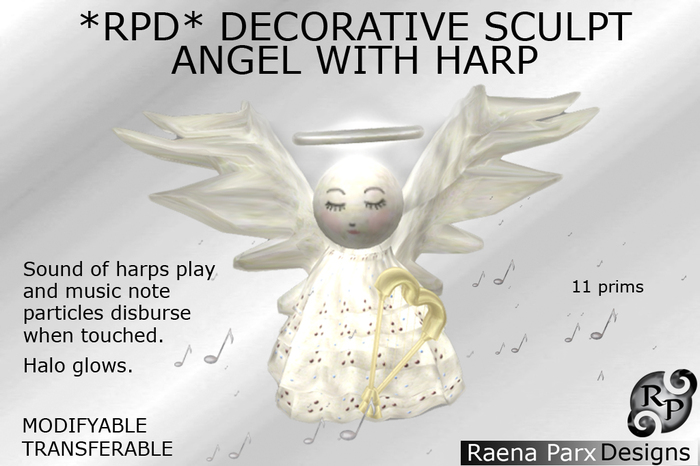 DECORATIVE SCULPT SCRIPTED ANGEL WITH HARP - *RPD*