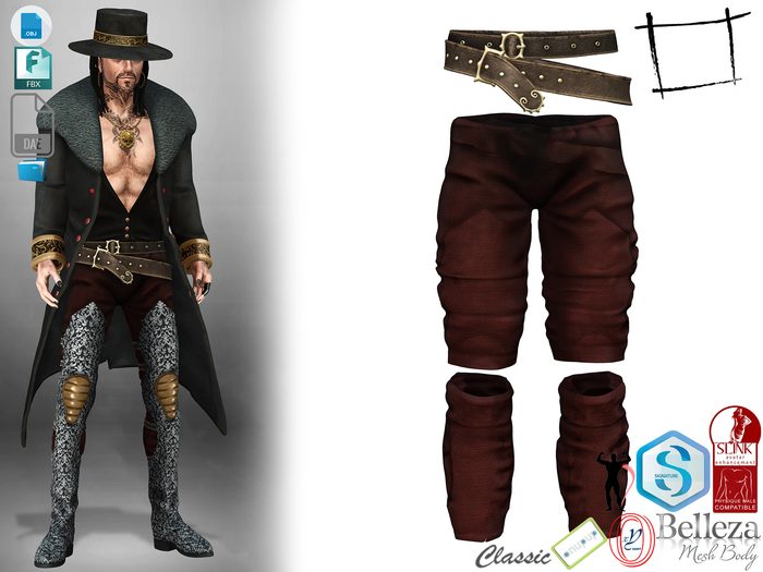 Dae Obj FBX Maroon Wrinkled Pants Split At Knee With Belts Slink Male, Belleza Jake, Signature Gianni