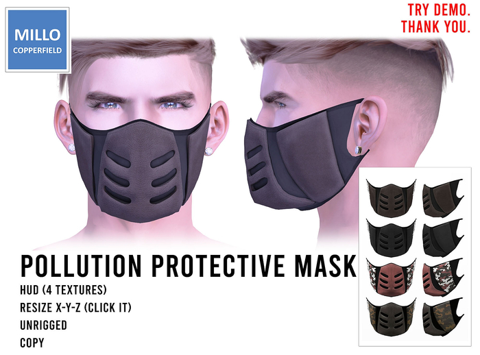 Millo Copperfield - Pollution Protective Mask with HUD (4 textures), with Resize (X-Y-Z), Unrigged