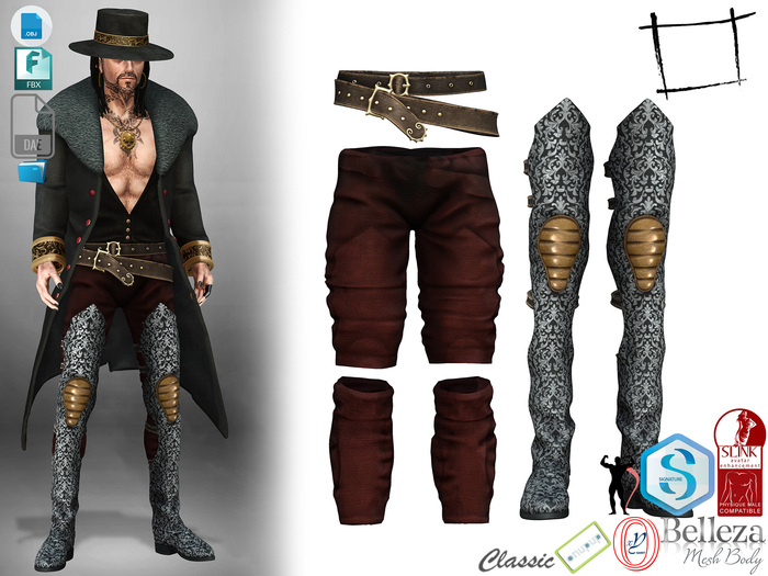 Dae Obj FBX Unusual Flat Concept Boots With Pants and Belts Slink Male, Belleza Jake, Signature Gianni