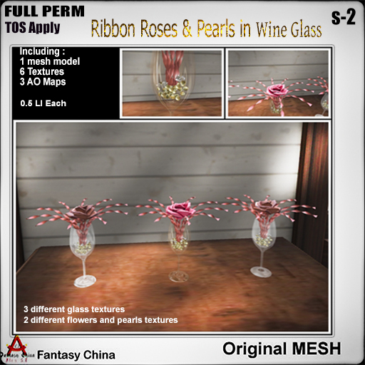 Full Perm Ribbon Roses & Pearls in Wine Glass 