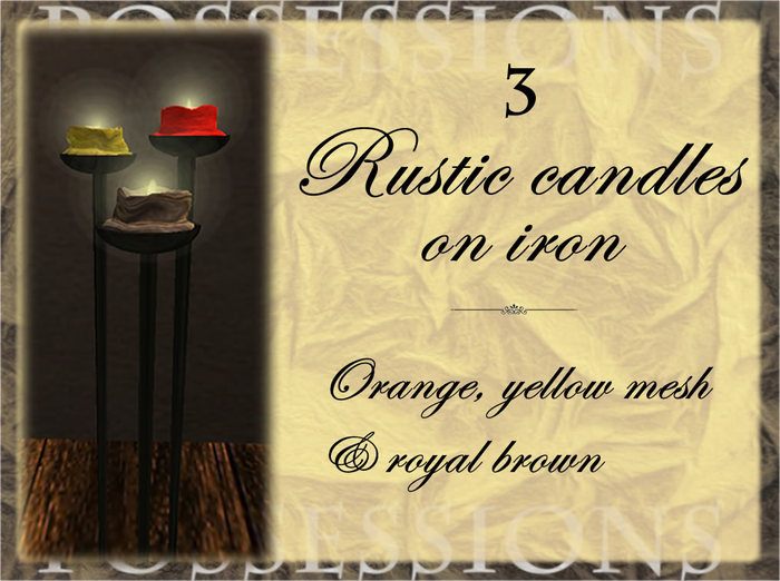 3 Rustic candles & iron, yellow mesh, royal brown, orange boxed