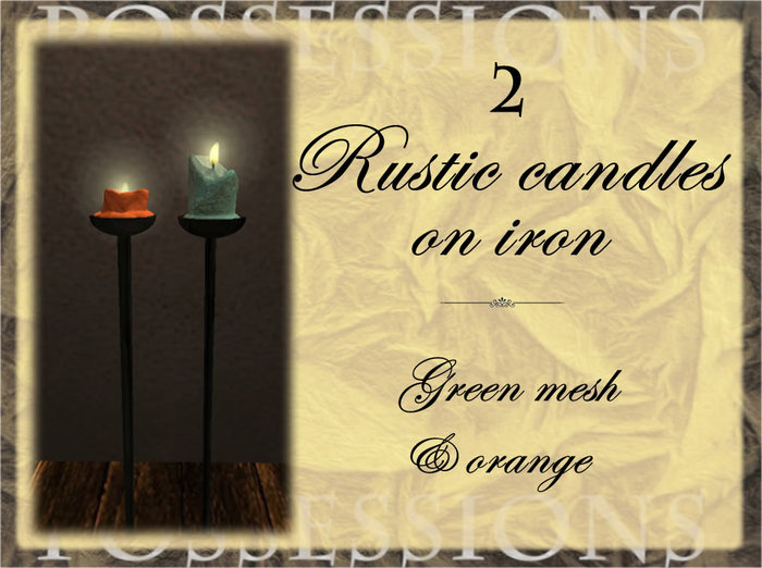2 Rustic candles & iron, green mesh and orange mesh boxed