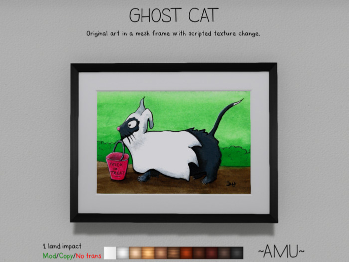 ~AMU~ Ghost Cat - framed Halloween cartoon art