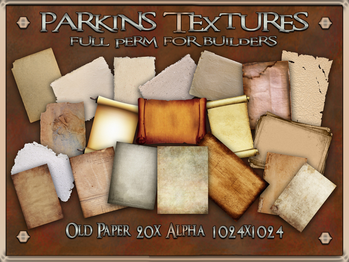 Parkins Textures - Old Paper Set - 20x Full Perm Alpha 1024 - Parchment, Aged, Scroll, Stationery, Velum, Grunge