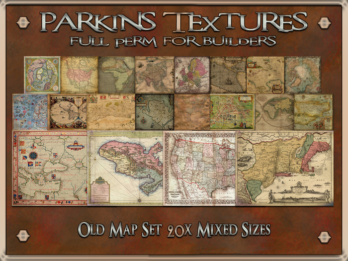 Parkins Textures - Old Map Set - 20x Full Perm - Parchment, Aged, Grungy, Cartography, Ancient, Pirate, Steampunk
