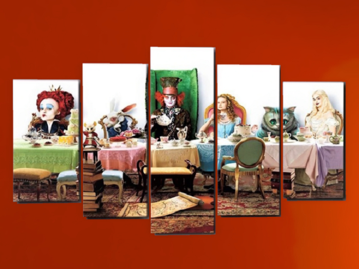 ALPHA Split 5 Canvas Paint Alice Tea Party Mad Hatter & Cat Child Wall Art Decal Picture COPY//MOD 1 PRIM Ready to Hang!