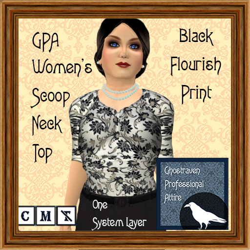 GPA Women's Scoop Neck Top - Black Flourish Print ADD to unpack