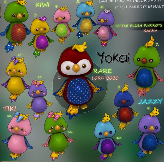 1.YOKAI - Little Plush Parrots - Lord Bobo - RARE