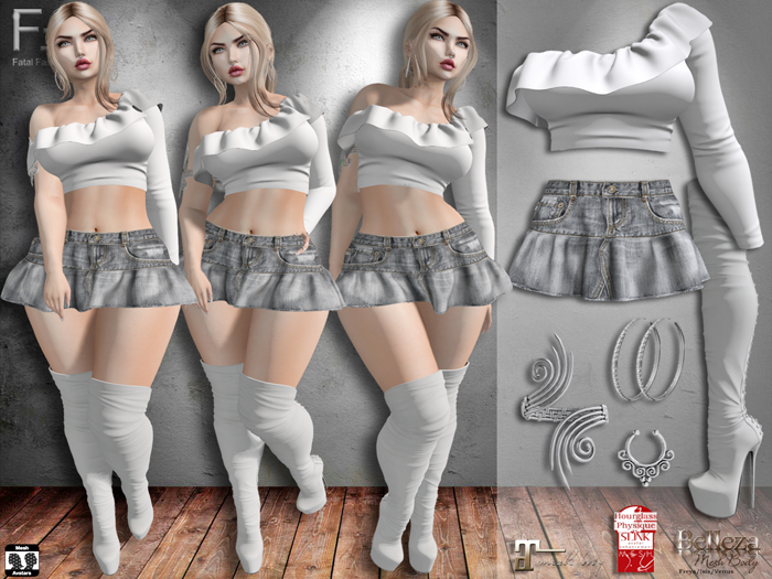 ::FF:: Outfit 129 - White: Top, Skirt, Boots, Piercing, Earring, Bracelet
