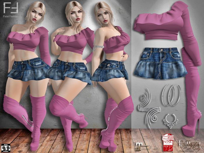 ::FF:: Outfit 129 - Pink: Top, Skirt, Boots, Piercing, Earring, Bracelet