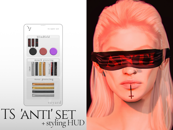 veyard TS 'anti' set | blindfold, nose + mouth piercing