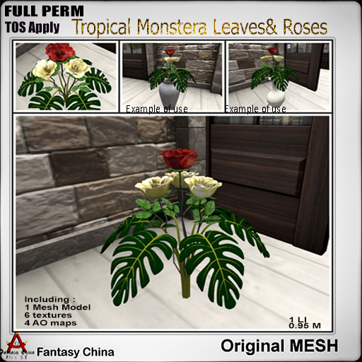 FC- FP Mesh Tropical Monstera Leaves & Roses B