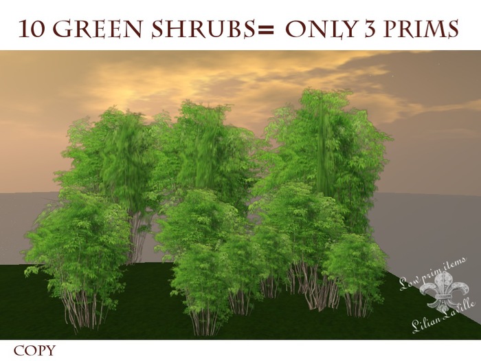 10 green shrubs = 3 prims C