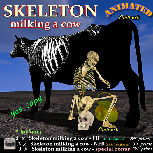 Skeleton milking a cow - box