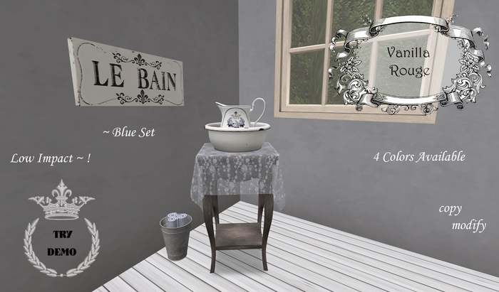 Victorian Wash Stand Set with Towels & Wood Sign - BLUE (boxed)